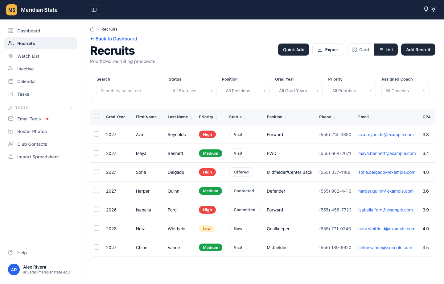 Coaches Binder recruit list showing prospects, priorities, and contact status